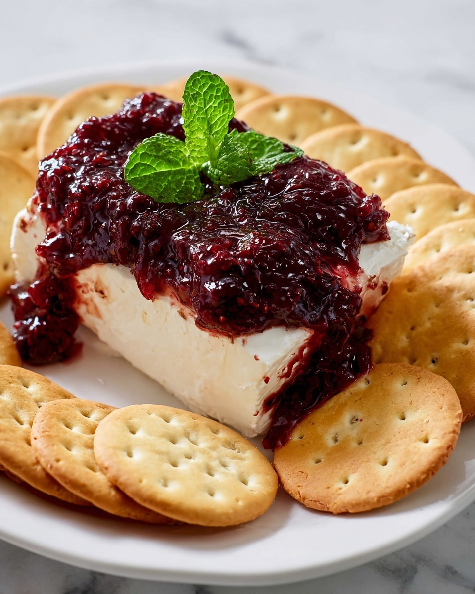 A white plate holds a small block of smooth, creamy white cheese at the bottom layer, topped with a thick, dark red, slightly chunky jam spread covering the cheese unevenly. A single round, golden cracker leans partially into the jam and cheese stack on the right side. Around the cheese and jam, several more round, golden crackers are neatly lined up touching the plate’s edge. A fresh green mint leaf rests vividly on top of the jam. The plate is set against a white marbled surface. Photo taken with an iphone --ar 4:5 --v 7
