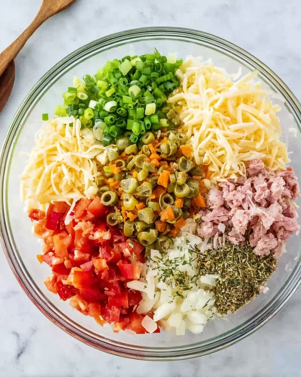 A clear glass bowl sits on a white marbled surface filled with colorful ingredients separated in sections. Starting from the top left, there is a bright green layer of chopped scallions, next to it on the top right is a pale yellow shredded cheese layer. Below the cheese is a mix of finely chopped green olives with orange pimentos. To the bottom right, there is a mix of dried herbs and spices with a creamy white base underneath. The bottom center shows bright red diced tomatoes, and to the bottom left is a pinkish diced meat. The overall look is fresh and vibrant, with each ingredient clearly visible and contrasting in color, arranged around the bowl. Photo taken with an iphone --ar 4:5 --v 7