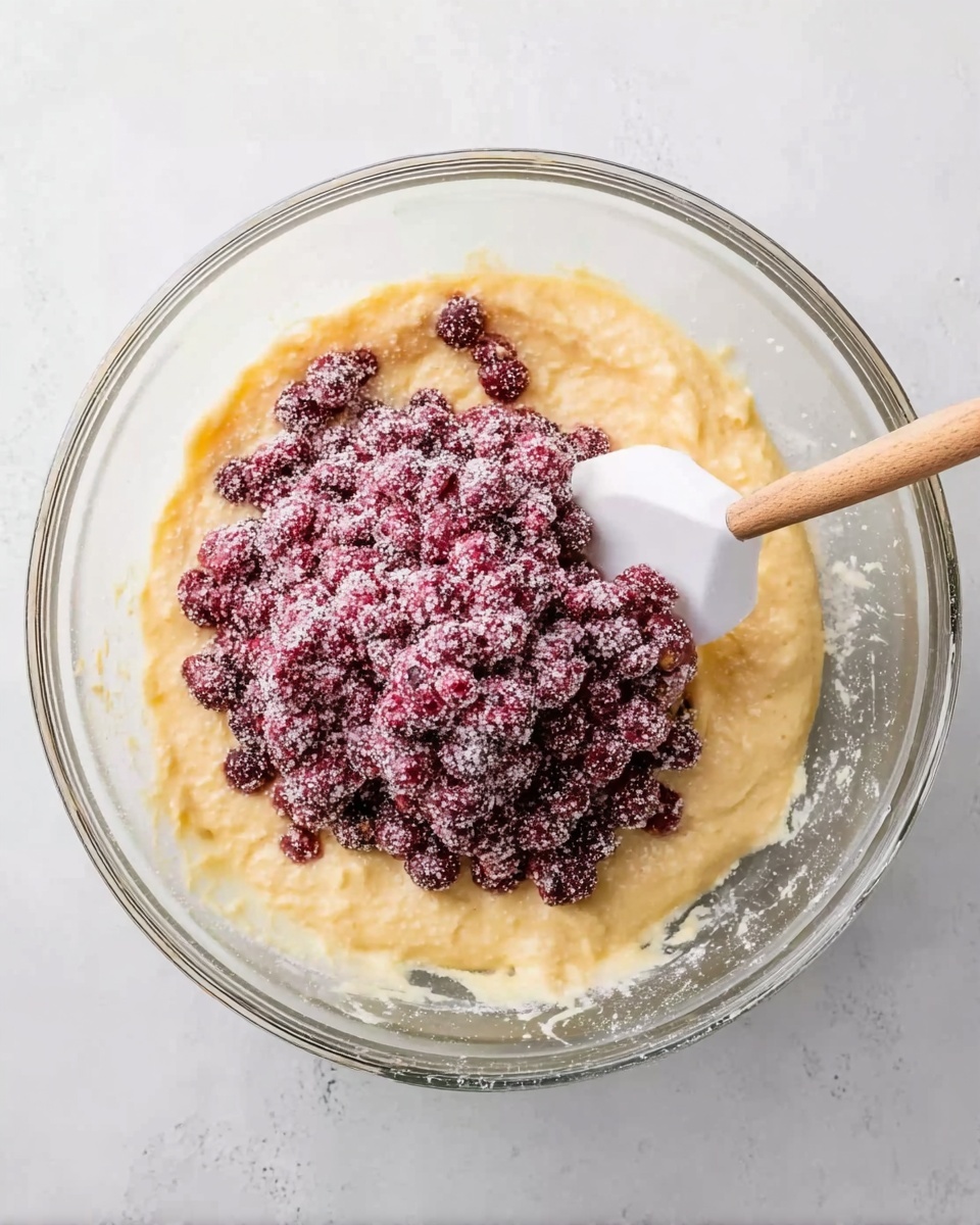 A clear glass bowl filled with creamy pale yellow batter forms the base layer, topped with a heap of deep red berries that are coated with a light dusting of white sugar. A white spatula with a wooden handle is resting partially submerged in the mixture, positioned on the right side of the bowl. The bowl sits on a white marbled textured surface, creating a bright and clean backdrop. Photo taken with an iphone --ar 4:5 --v 7