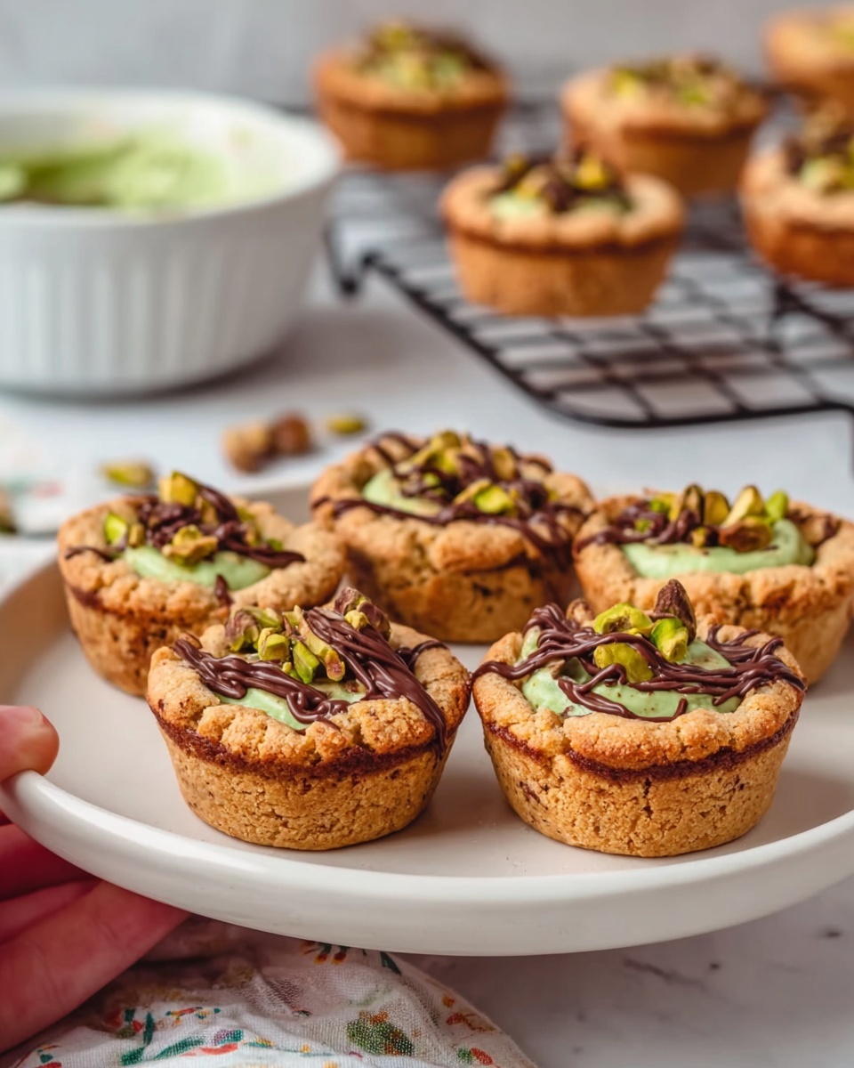 The image shows several small muffin-shaped desserts arranged on a white plate on a white marbled surface. Each dessert has two layers: a golden-brown baked outer layer with a slightly rough texture and a green creamy filling in the center. On top of the green filling, there are small pieces of chopped green nuts and dark brown chocolate drizzles. The background includes more desserts on a cooling rack and a white bowl with additional green filling. A woman's hand is visible holding the white plate. Photo taken with an iphone --ar 4:5 --v 7