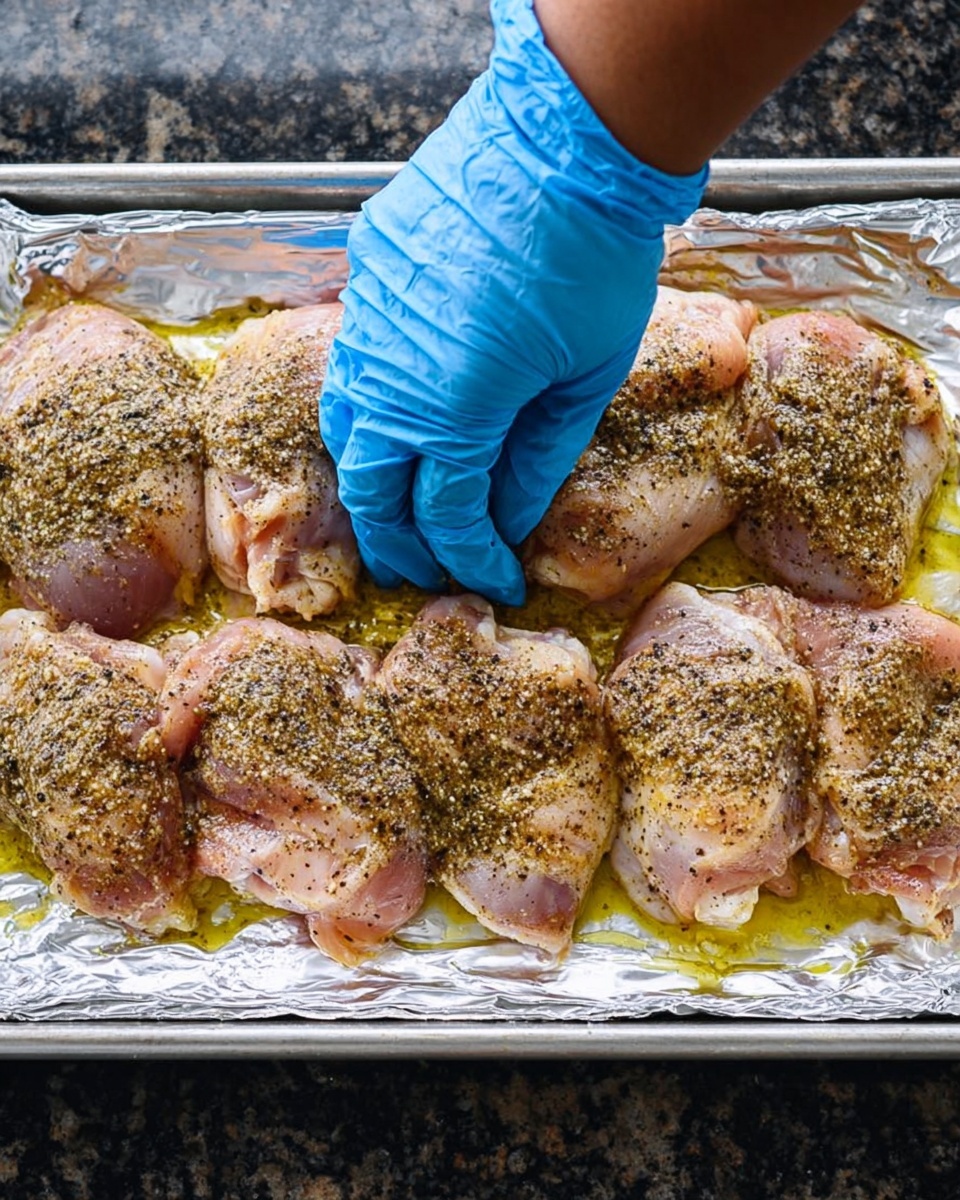 A close-up image shows eight raw seasoned pieces of chicken laid out in two rows of four on a foil-covered baking tray. Each piece is covered with a mix of pepper and other spices, along with drizzles of olive oil creating a shiny texture. A woman's hand wearing a blue glove is pressing down on one of the chicken pieces from the top left side. The baking tray sits on a dark granite counter, but the background has been changed to a white marbled texture. Photo taken with an iphone --ar 4:5 --v 7