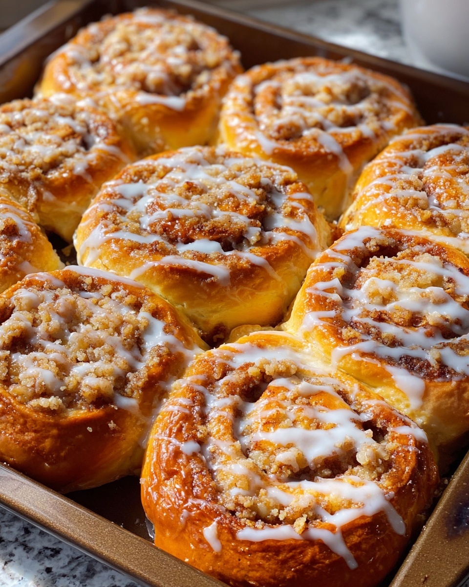 The image shows a baking tray filled with eight golden-brown cinnamon rolls. Each roll has a thick, shiny, and slightly glossy dough base that is golden and well-risen, forming a soft, round shape. The inner swirl of each roll contains a darker cinnamon filling, with crumbly light tan streusel toppings scattered over the center. The rolls are drizzled with a white icing glaze in thin lines across the top, adding a shiny contrast to the warm color of the dough. The tray sits on a white marbled surface visible around the edges with a warm light enhancing the texture and golden colors. photo taken with an iphone --ar 4:5 --v 7