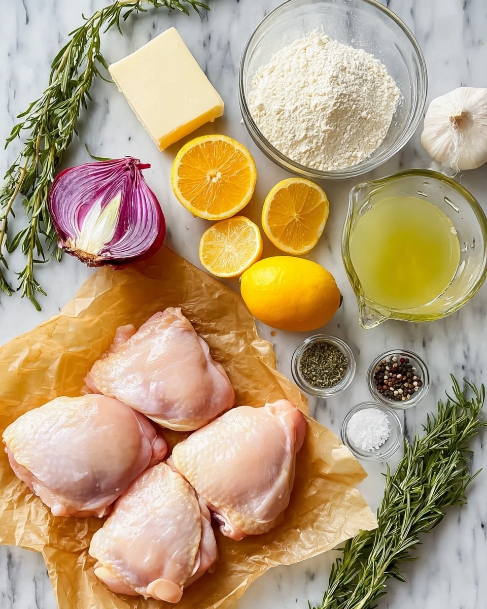 A top-down view of raw chicken thighs placed on light brown parchment paper, positioned at the bottom of the image, with a shiny, smooth, pale pink surface. Surrounding this, on a white marbled surface, are a whole shallot with a shiny purple skin, several cloves of garlic with purple and white peels partially removed, fresh green rosemary sprigs with needle-like leaves, a small glass bowl of white flour, a square block of pale yellow butter on paper, two whole bright yellow lemons with one sliced in half showing juicy segments, a glass measuring cup filled with a pale yellow liquid, and two small clear bowls containing coarse black pepper and white coarse salt. photo taken with an iphone --ar 4:5 --v 7