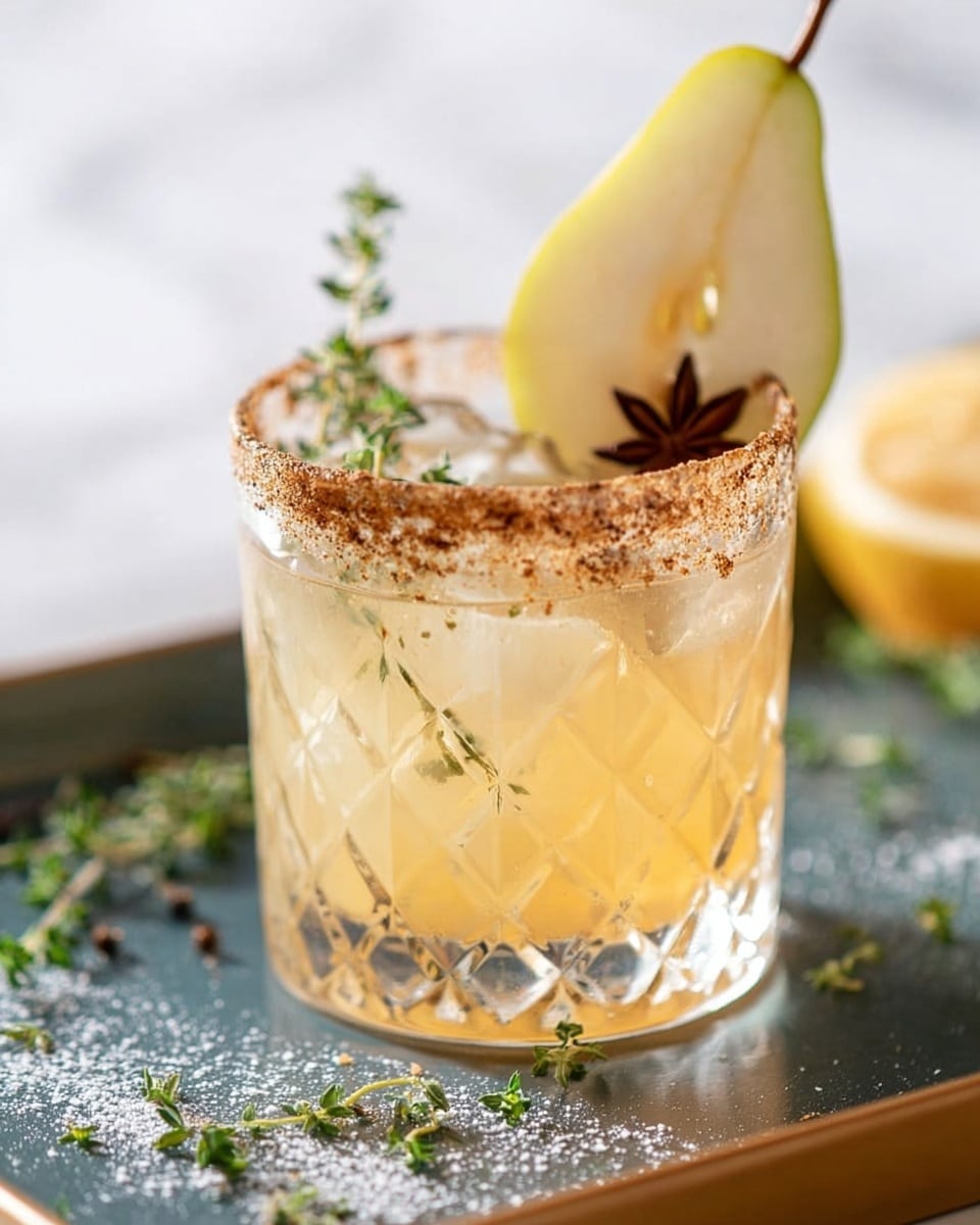The image shows a clear textured glass filled with a light yellow drink placed on a white marbled surface. Inside the glass, there is a thin slice of pear standing vertically, a small sprig of green thyme leaning against the pear, and some star anise floating towards the bottom. The glass rim is coated with sugar crystals. In the background, there is a whole yellow pear, some scattered green thyme sprigs, star anise, and a white cloth with blue stripes. The photo taken with an iphone --ar 4:5 --v 7