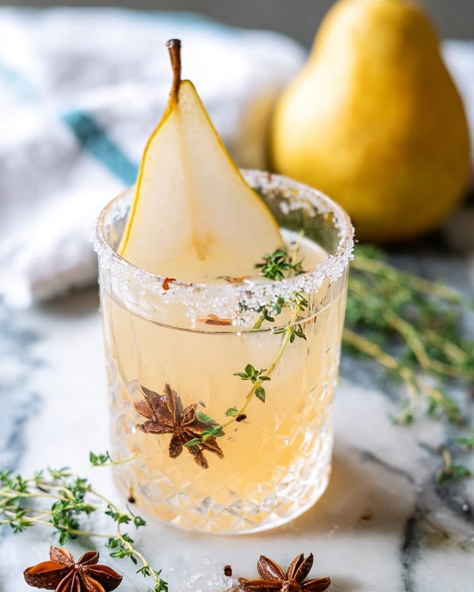 A short clear glass with a textured diamond pattern is filled halfway with a light yellow drink, showing a clear ice cube inside. The glass rim is coated with a brown sugar or spice mixture, adding texture and color contrast. Inside the glass, a thin slice of pear with greenish-yellow skin is placed upright at the back, leaning against the glass, and a green sprig of thyme stands next to it. A dark brown star anise floats near the pear slice, offering a star shape on the surface of the drink. The glass sits on a dark tray with a light dusting of granulated sugar and scattered green thyme leaves, all arranged on a white marbled surface. Photo taken with an iphone --ar 4:5 --v 7