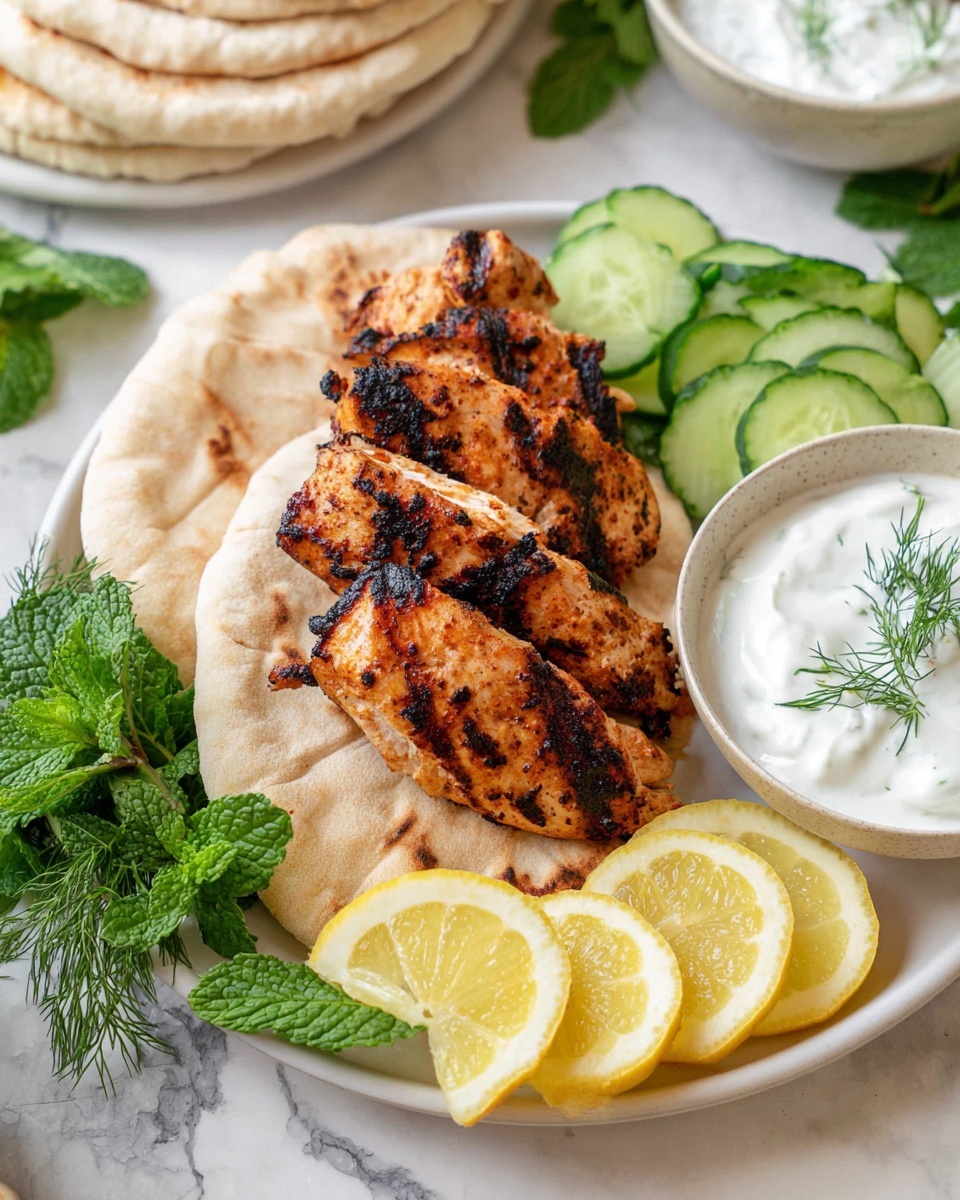 The image shows a white plate with three grilled pieces of chicken that have dark char marks, placed on top of three folded pita bread layers with a light brown toasted texture. On the left side of the plate, there are fresh green mint leaves, and on the right side, green cucumber slices and a small bunch of fresh dill create a fresh contrast. A small white bowl of creamy white sauce is placed near the bottom right of the plate, next to three lemon wedge slices arranged in a fan shape. The surface beneath the plate features a white marbled texture with extra mint leaves and a bowl of similar creamy sauce in the background. Photo taken with an iphone --ar 4:5 --v 7