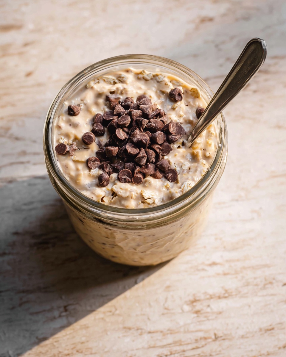 The image shows a glass jar filled with a creamy mixture that has a light beige color with visible oats and small pieces, indicating a thick texture. On top of this creamy base, there is a small pile of dark chocolate chips clustered together, adding a smooth, rounded, and rich dark brown contrast. A metal spoon is inserted on the right side of the jar, resting against the rim. The jar sits on a natural wood textured surface, which should be imagined as a white marbled texture. The overall look is cozy and homemade, with natural light casting soft shadows. Photo taken with an iphone --ar 4:5 --v 7