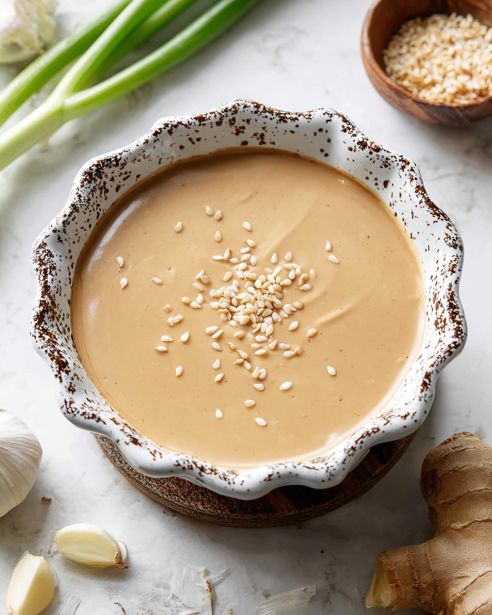 A bowl filled with a smooth, light tan-colored creamy sauce, topped with a few scattered sesame seeds. The bowl is white with a dark speckled pattern along the scalloped edges. The bowl is placed on a white marbled surface, with a piece of fresh ginger in light brown and a couple of green onion stalks nearby. In the corner, a small brown bowl holds chopped garlic. The overall look is fresh and clean. photo taken with an iphone --ar 4:5 --v 7