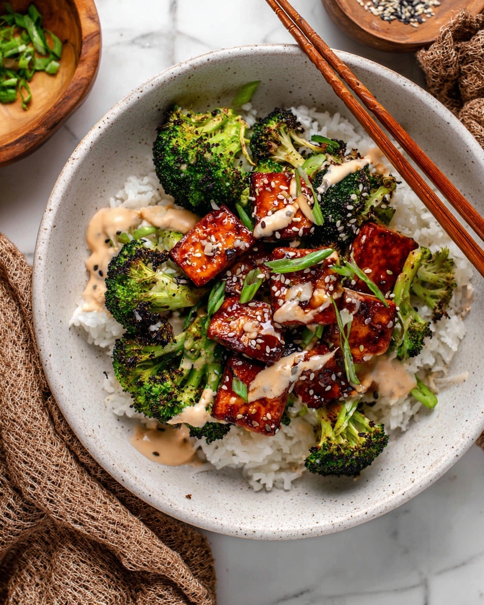 A white bowl filled with a base layer of white rice, topped with bright green broccoli florets that have a light charred texture, and golden brown glazed chicken chunks scattered evenly on top. A creamy beige sauce is drizzled over the chicken and broccoli, adding a smooth texture, while toasted sesame seeds and thin slices of green chili peppers are sprinkled over everything for added detail. A woman's hand is holding light brown wooden chopsticks, picking up a piece of chicken in the center of the bowl. The bowl sits on a white marbled surface. photo taken with an iphone --ar 4:5 --v 7