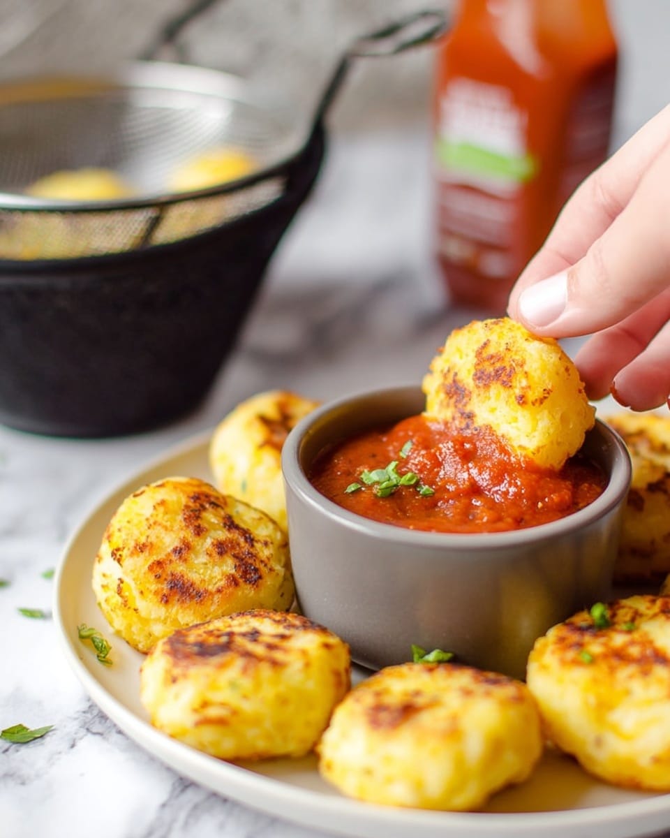 A close-up image shows round, golden-yellow crispy bites with a slightly burnt glow on top, arranged on a white plate. In the center of the plate is a small grey bowl filled with thick red sauce, garnished with small pieces of green herbs. A woman's hand is dipping one of the crispy bites into the sauce, focusing on the texture of the bite, showing light browning on its surface. Behind the plate, a blurred bottle of sauce and a black colander with light-colored contents sit on a white marbled surface. Photo taken with an iphone --ar 4:5 --v 7