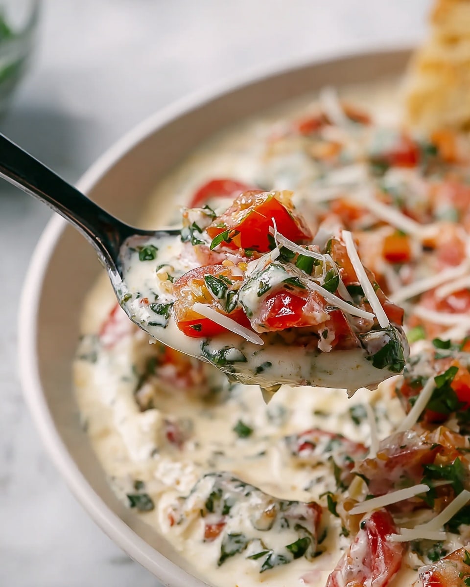 The image shows a close-up of a spoon holding a mix of diced red tomatoes, finely chopped green herbs, and thin strips of white cheese in a creamy white sauce. The spoon is dark in color and is held over a white plate filled with the same mixture, which appears thick and creamy with visible colorful vegetable pieces and cheese strands. The background surface is a white marbled texture with a hint of bread on the right side. photo taken with an iphone --ar 4:5 --v 7