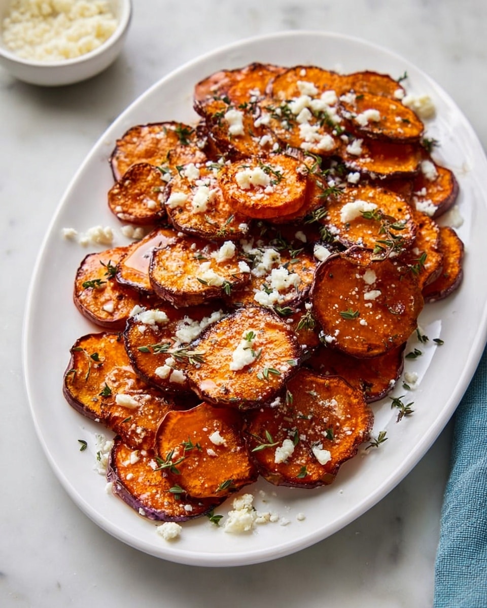 A white oval plate filled with two layers of roasted sweet potato slices, each slice golden brown with slightly dark edges, showing a crispy texture. The sweet potatoes are sprinkled with small white crumbles of cheese and tiny green herb leaves scattered all over. The plate is set on a white marbled surface, with a small white bowl of cheese placed nearby on the side. Photo taken with an iphone --ar 4:5 --v 7