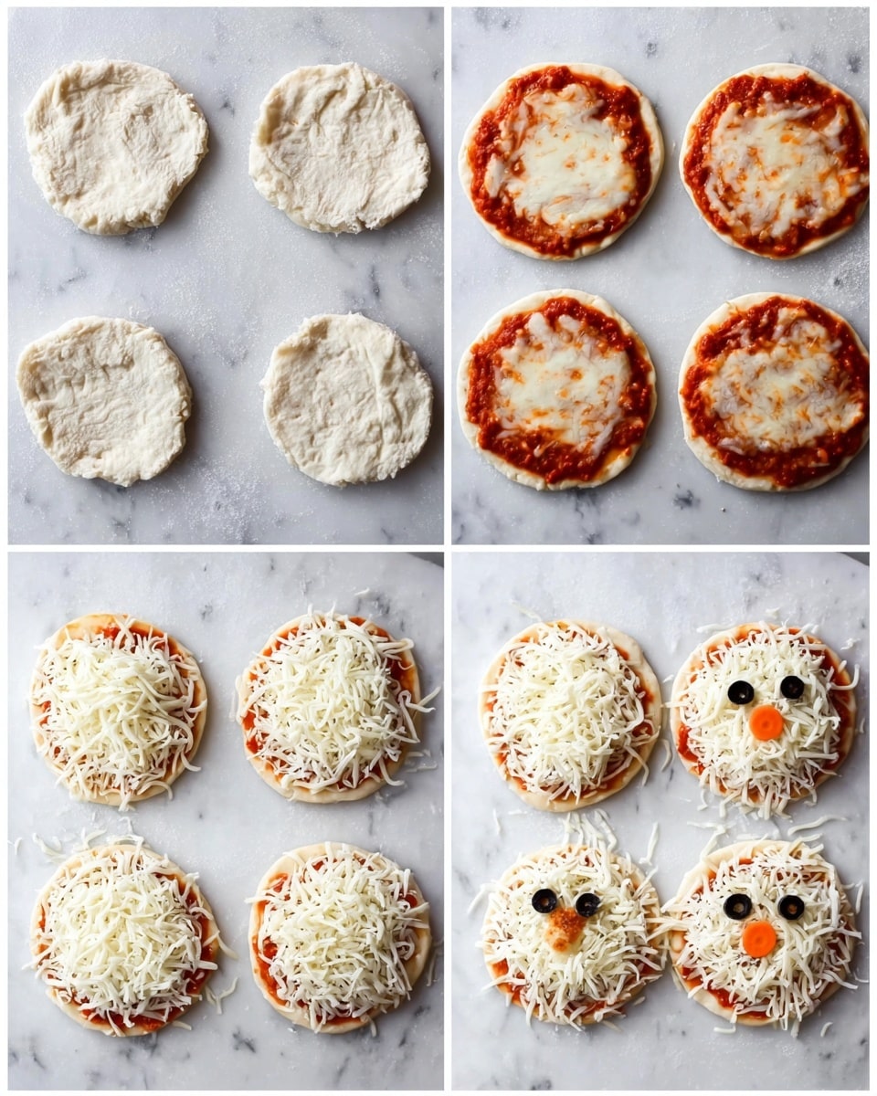 The image shows four stages of making mini pizzas. In the top-left, there are eight small, round pizza dough pieces placed on a white marbled surface, each with a rough texture and light beige color. The top-right shows the same dough pieces now topped with a layer of red tomato sauce spread evenly, keeping the dough edges visible. The bottom-left displays the mini pizzas with a thick layer of shredded white cheese covering the tomato sauce on all pieces. In the bottom-right, one mini pizza is decorated to look like a face, with black olive slices for eyes and mouth, and a small piece of carrot for the nose, while the others remain covered with cheese. The overall setup is neat and on a white marbled background. Photo taken with an iphone --ar 4:5 --v 7