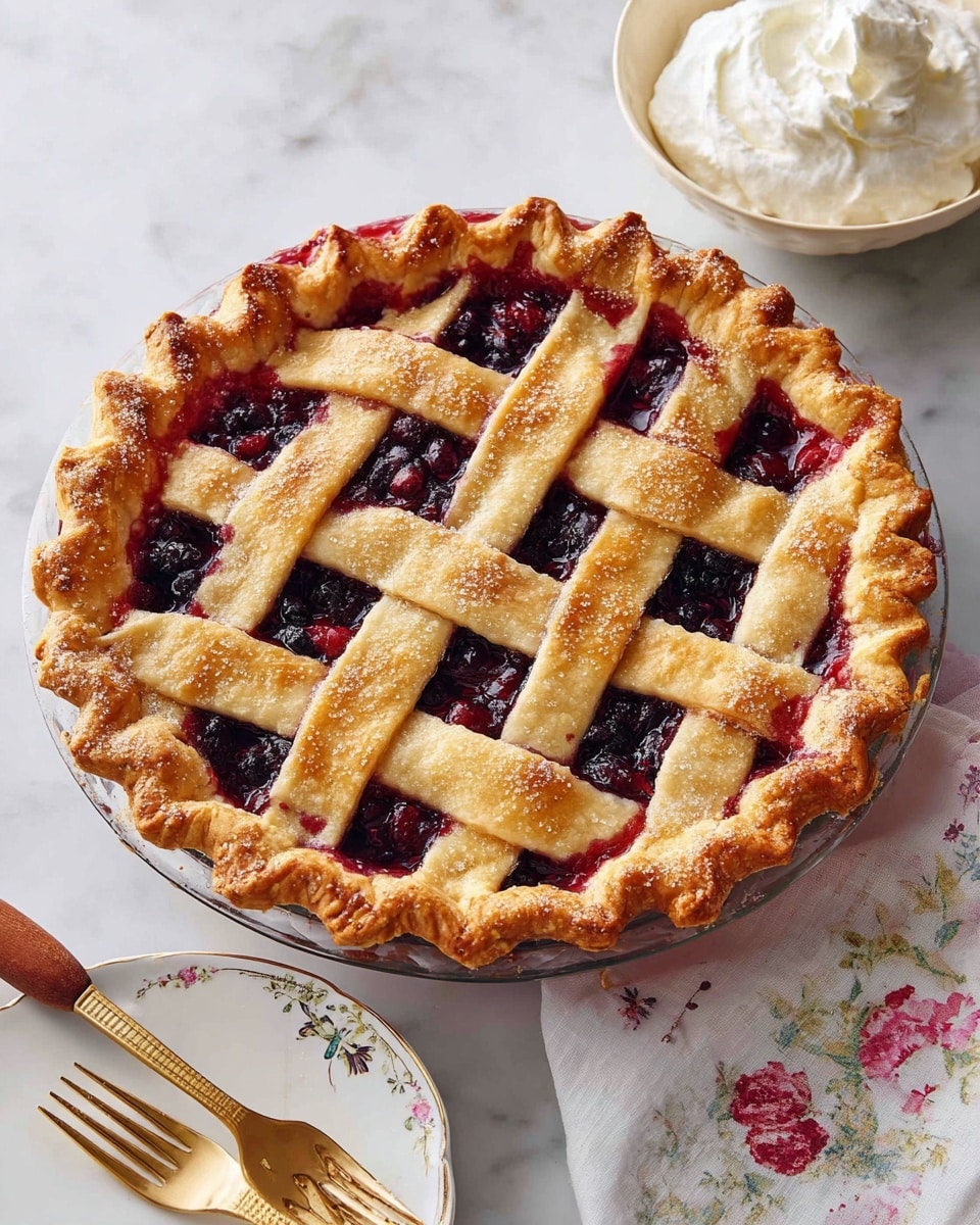 A round pie with a golden brown lattice crust made of woven dough strips, each strip showing a light sprinkling of coarse sugar. The crust edges are crimped tightly to form a decorative border, with dark red berry filling bubbling through the spaces in the lattice, showing a glossy and thick texture. The pie sits on a clear glass dish placed on a white marbled surface, next to a small white bowl filled with fluffy whipped cream and a white plate with a delicate butterfly design on the rim, holding two gold forks. A wooden-handled utensil rests on a white cloth with a floral print beside the pie. Photo taken with an iphone --ar 4:5 --v 7