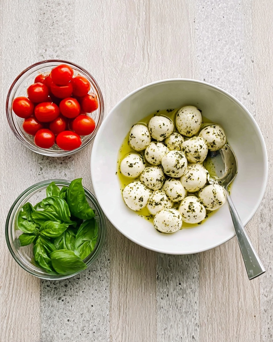 A white bowl holds about twenty small white mozzarella balls covered in green herbs and sitting in a light yellow olive oil pool, with a shiny silver spoon resting inside the bowl on the edge. To the left of the bowl, there is a small clear glass bowl filled with bright red cherry tomatoes, and below that, another small clear glass bowl filled with fresh, large green basil leaves. All items sit on a wood-textured surface replaced by a white marbled texture. Photo taken with an iphone --ar 4:5 --v 7