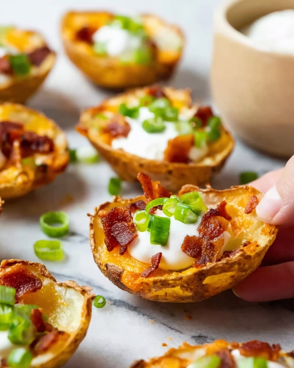 The image shows several small potato skins arranged on a white marbled surface. Each potato skin has three visible layers: a crispy golden brown outer skin, a melted cheese layer inside with a slightly shiny texture, and a topping of white sour cream in the center. Scattered on top of the sour cream are pieces of crispy reddish-brown bacon and bright green chopped scallions. In the background, there is a beige bowl with more white sour cream. The focus is on the middle potato skin being held by a woman's hand from the side. photo taken with an iphone --ar 4:5 --v 7