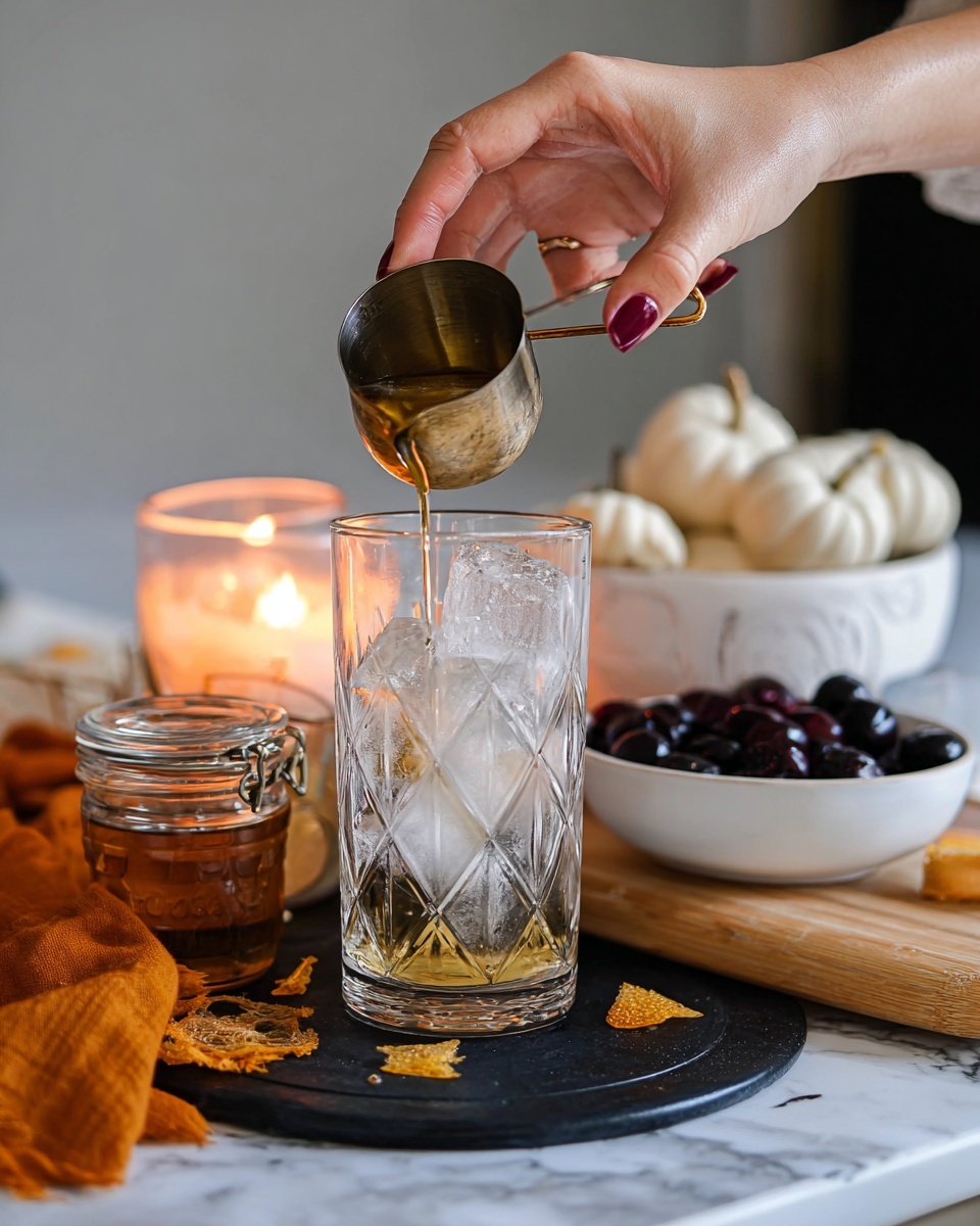 A woman's hand with dark red nail polish pours a light golden liquid from a small metal measuring cup into a tall clear glass with a diamond pattern, filled with large ice cubes. The glass is placed on a black round board which rests on a white marbled surface. To the left of the glass, there is a small jar with honey and an orange cloth underneath it, alongside a lit candle giving a warm glow. On the right side, there is a white bowl filled with dark cherries and some orange peels spread beside it on a light wooden board. In the background, a white bowl with small white pumpkins is slightly visible. photo taken with an iphone --ar 4:5 --v 7