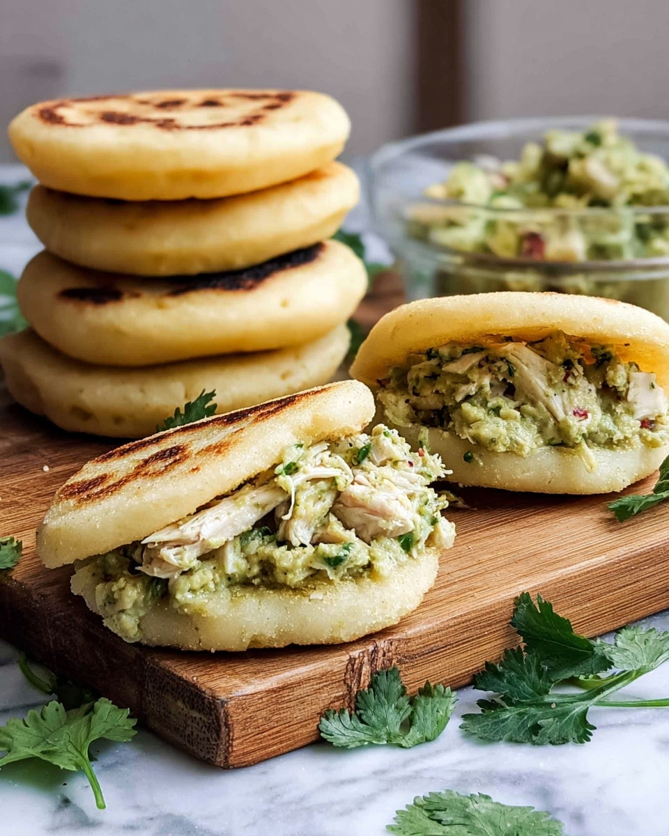 The image shows two arepas filled with a chunky mixture of shredded chicken, green avocado, and bits of red pepper, each arepa having a slightly crispy golden-brown outer layer with light grill marks. Behind them, there is a stack of five plain, round arepas with a soft texture and golden spots on their white surface. Fresh cilantro leaves are placed in front on a wooden board, which adds a touch of green to the scene. The background is a plain dark color that makes the arepas stand out clearly. Photo taken with an iphone --ar 4:5 --v 7