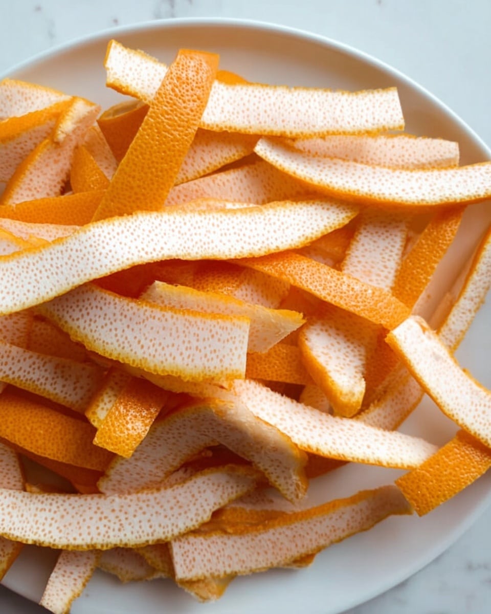 The image shows many strips of orange peel placed on a white plate. The peels are arranged loosely, overlapping each other in random directions. Each peel strip has a rough orange outer skin and a white, bumpy inner side. The plate sits on a white marbled surface. photo taken with an iphone --ar 4:5 --v 7