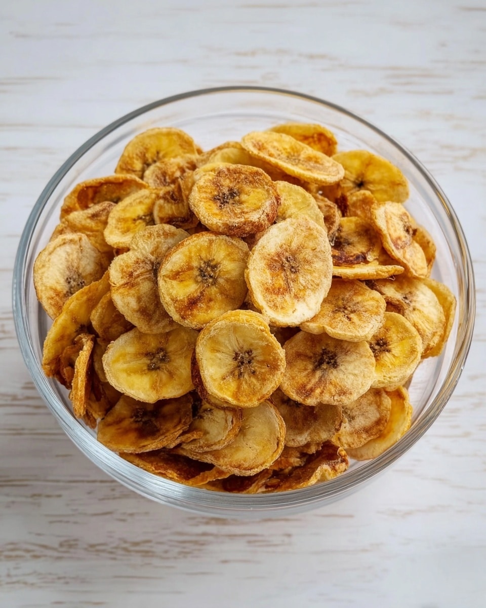 A clear glass bowl filled with a large pile of round, thin banana chips that have a light golden brown color with darker brown spots and veins. The chips appear crispy with some showing a crisscross pattern on the surface. The bowl sits on a white marbled surface, giving a clean and bright background. The chips are spread evenly inside the bowl, creating a textured and crunchy look. photo taken with an iphone --ar 4:5 --v 7