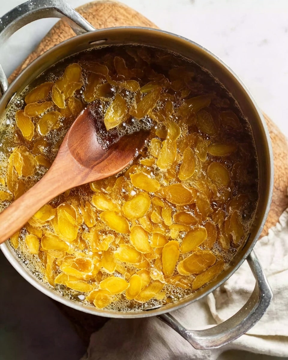 The image shows a close-up view of a metal pot filled with golden, thinly sliced pieces of ginger cooking in bubbling liquid. A wooden spoon is placed inside the pot, partially covered with the ginger slices and liquid. The pot sits on a white marbled surface with a light cloth underneath. The golden color of the ginger contrasts with the foamy, simmering liquid, creating a textured and warm look. photo taken with an iphone --ar 4:5 --v 7