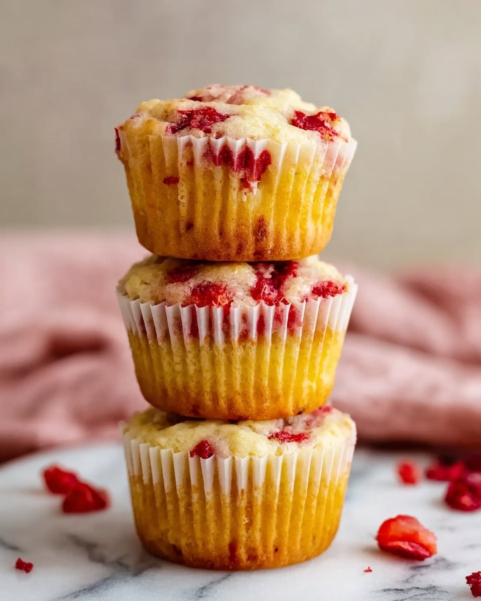 A stack of three muffins is shown, each with a golden-yellow base visible through white paper liners and topped with a pale, creamy layer speckled with bright red fruit pieces. The muffins are arranged vertically on a white marbled surface, with the top muffin showing a bumpy texture and more fruit on its surface. Around the muffins, there are a few scattered pieces of red fruit, and the background is softly blurred, featuring a light pink cloth. Photo taken with an iphone --ar 4:5 --v 7