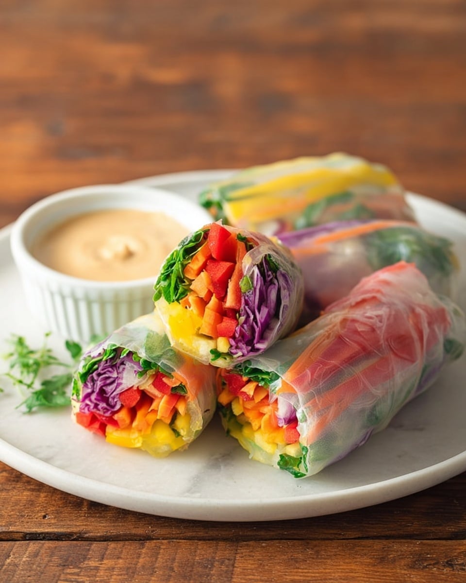 The image shows a clear wrap open flat on a wooden surface with five neat layers of fresh vegetables arranged horizontally. From top to bottom, the first layer is made of bright red thin bell pepper strips, followed by a layer of orange carrot sticks. Below that is a layer of yellow bell pepper slices, then a layer of green sprouts with delicate thin stems and small leaves. The bottom layer consists of ruffled, thinly sliced purple cabbage. The wrap is slightly shiny and transparent, with the wooden texture visible underneath. photo taken with an iphone --ar 4:5 --v 7