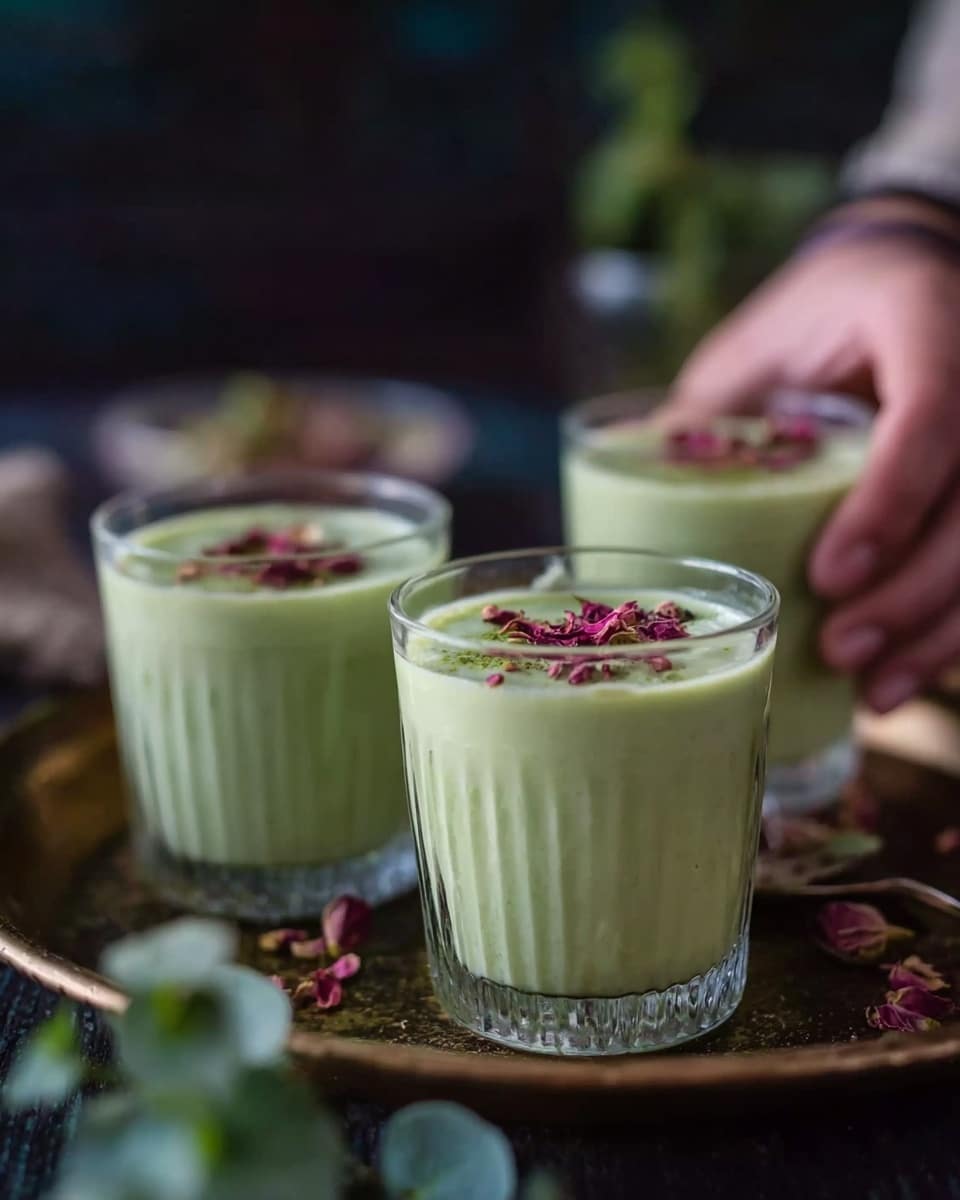 The image shows four clear glasses filled with a creamy light green drink, each topped with a sprinkle of small purple and red petals. The glasses have a smooth vertical ridge texture and sit in a yellow metal holder with a wooden handle. The drinks look thick and smooth, filling the glasses about three-quarters full. The background is dark and blurry, and the glasses are placed on a rough, natural surface. Photo taken with an iphone --ar 4:5 --v 7