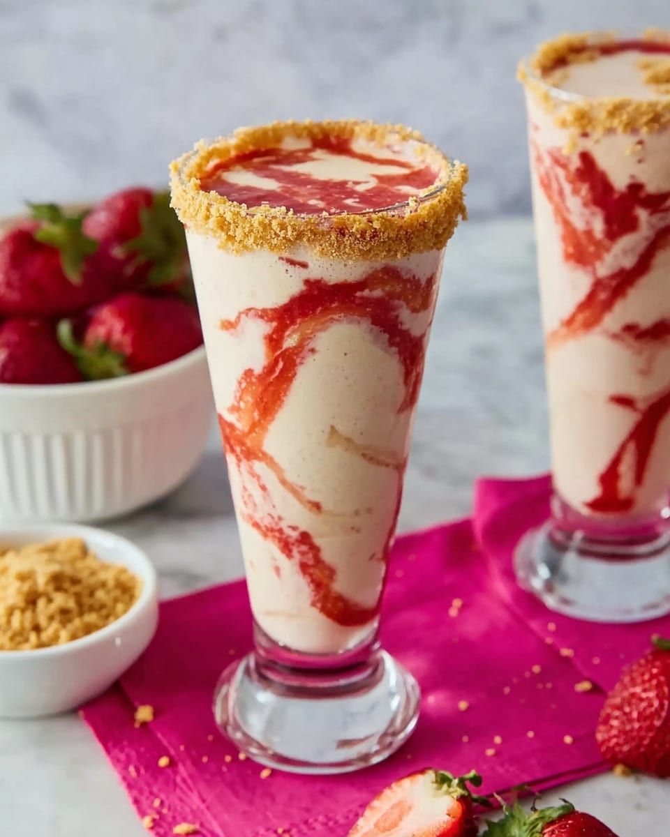 The image shows two tall clear glasses filled with a creamy light beige milkshake that has red strawberry syrup swirled inside the glass, creating thick red streaks on all sides. The rims of the glasses are coated with a crumbly golden crust, with some of it dripping down the sides. The glasses are placed on a white marbled surface with a bright pink napkin under the closest glass. Fresh strawberries and a small white bowl filled with golden crumbs are nearby. A woman's hand is slightly touching the front glass. The scene looks fresh and colorful with a mix of smooth, creamy, and crumbly textures. photo taken with an iphone --ar 4:5 --v 7