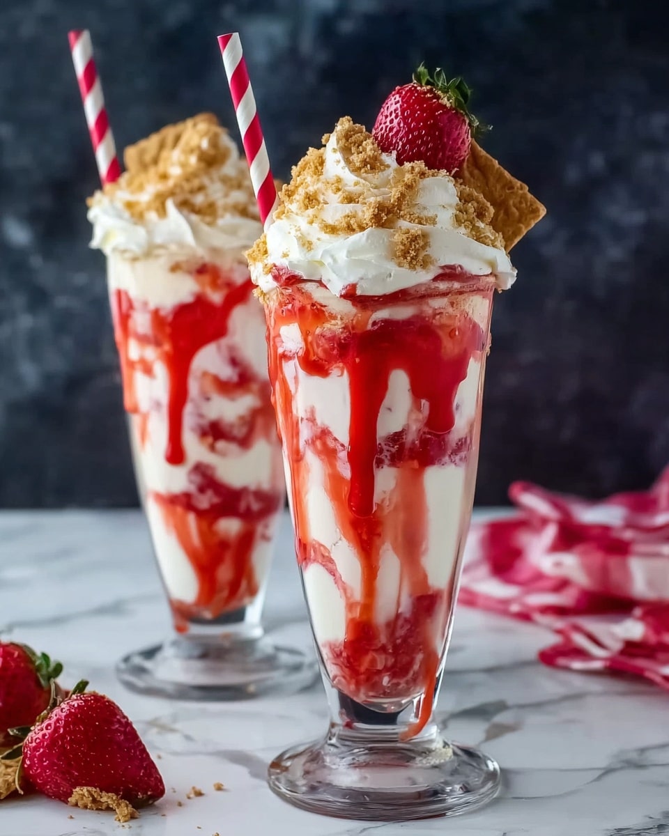 A tall clear glass filled with a creamy light pink milkshake swirled with bright red strawberry sauce inside. On top, there is a thick layer of white whipped cream shaped with soft peaks, sprinkled with light brown crushed crumbs. More strawberry sauce is drizzled on the whipped cream and dripping down the sides of the glass. A fresh half strawberry with green leaves sits on the whipped cream as a garnish. A red and white striped straw is placed on the left side of the glass. The glass stands on a white marbled surface. photo taken with an iphone --ar 4:5 --v 7