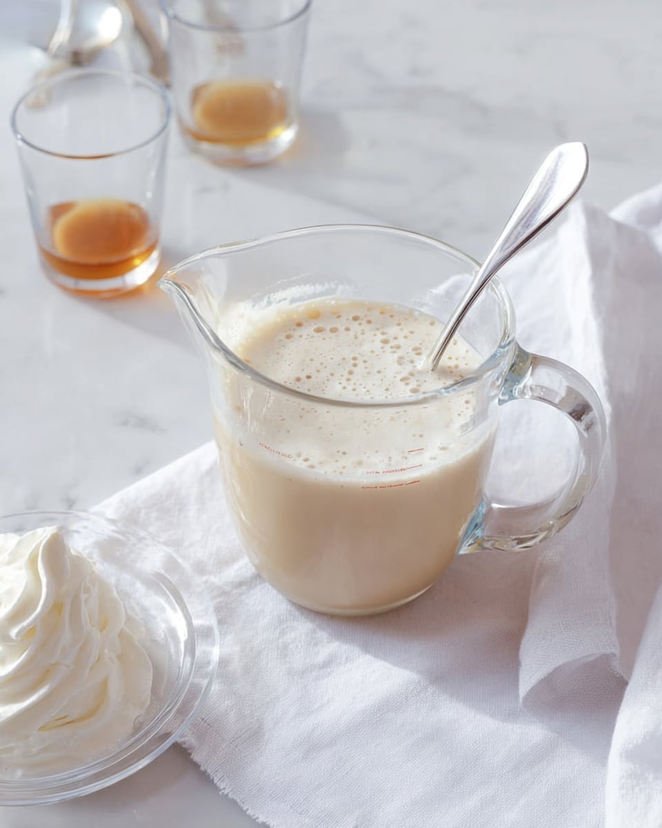 A clear glass measuring jug filled halfway with light beige creamy liquid topped with small bubbles sits on a white cloth over a white marbled surface. A silver spoon stands inside the jug, resting against its side. Around the jug, there are three small clear glasses with traces of a light brown liquid inside. In the bottom left, a clear plate holds a swirl of white whipped cream. The setting is soft and bright. Photo taken with an iphone --ar 4:5 --v 7
