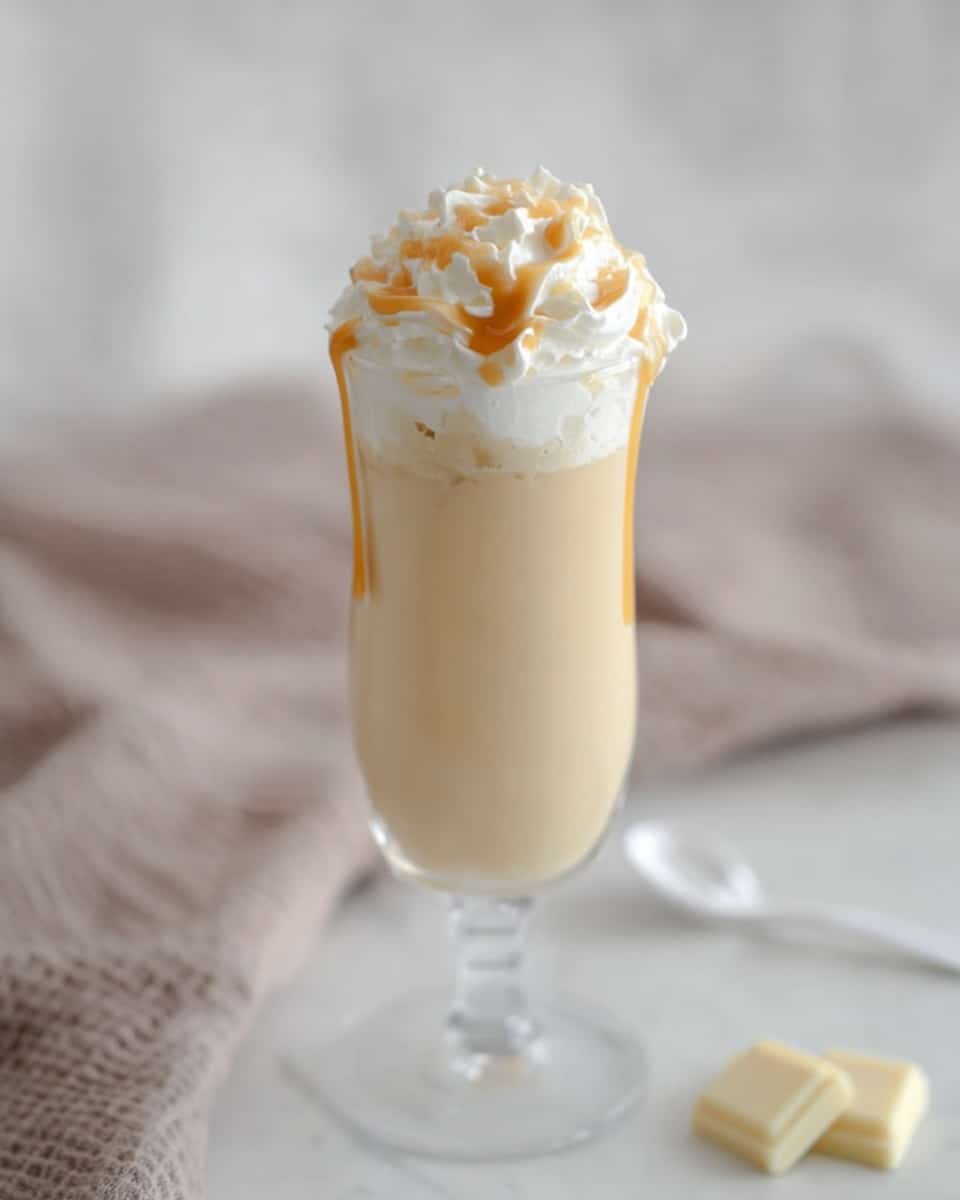A tall clear glass holds a creamy light beige drink as the first layer, topped with a thick layer of white whipped cream that looks soft and fluffy. On top of the whipped cream, there is a drizzle of light brown caramel sauce adding a shiny texture. The glass is set on a white marbled surface with a blurred background showing a white spoon and two small white chocolate pieces. The overall look is smooth and inviting, with soft light highlighting the drink's layers. photo taken with an iphone --ar 4:5 --v 7