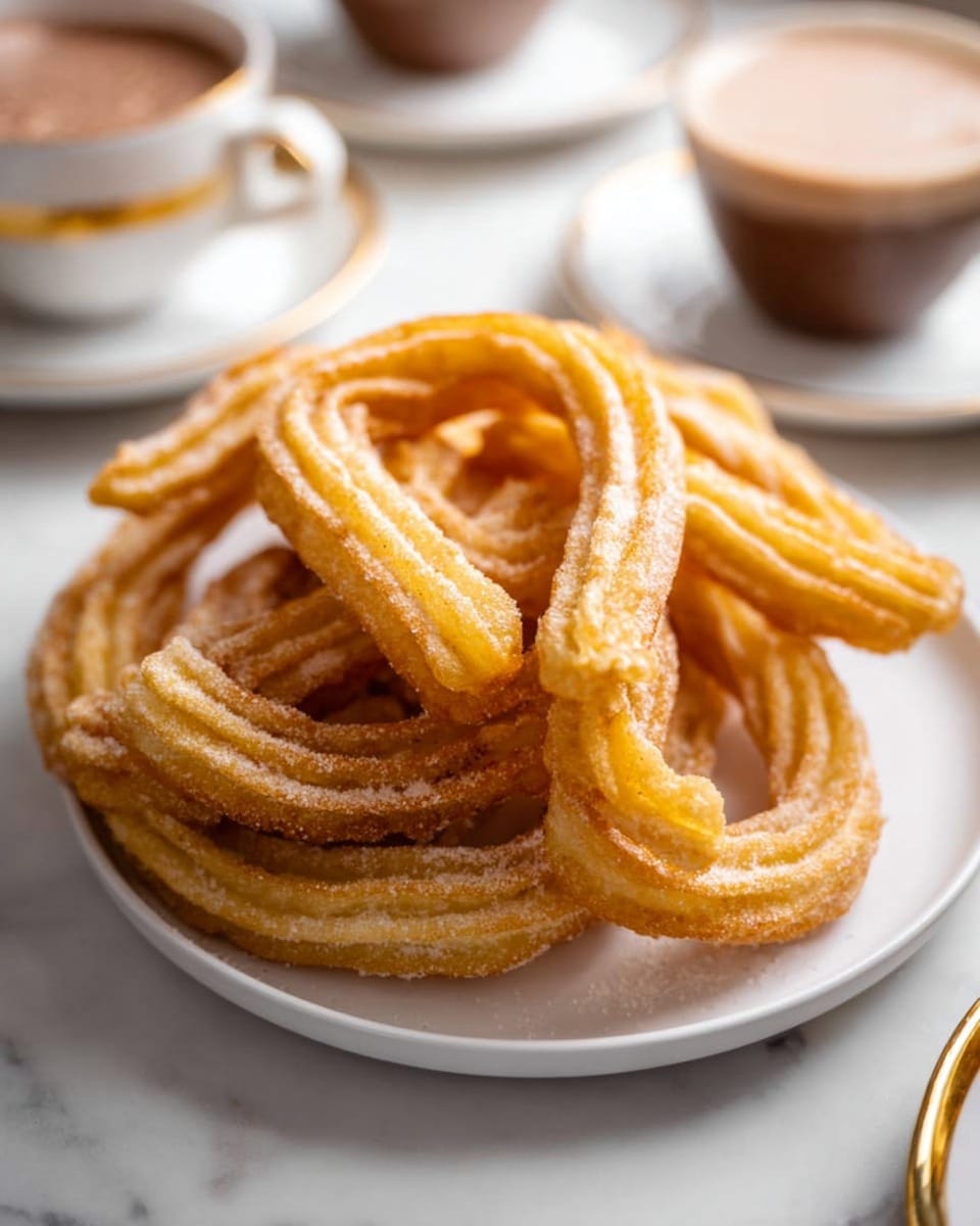 The image shows a white plate full of golden fried churros shaped in loops and strips, each with a ridged texture and light dusting of sugar on top. The churros are stacked unevenly, showing crisp edges and a soft, flaky interior. Around the plate, there are blurred cups with hot chocolate drinks on white marbled surface. The whole scene looks warm and inviting with soft natural light. photo taken with an iphone --ar 4:5 --v 7