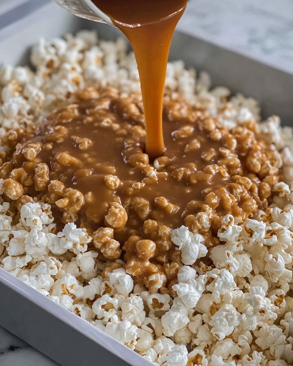 Popcorn fills a white tray, forming the bottom layer with fluffy white pieces that have a light texture. A smooth, thick caramel sauce is being poured over the popcorn, covering the middle and front areas of the tray. The caramel is warm brown with a shiny, sticky appearance, slowly flowing over the popcorn to coat many pieces. The background and surface are white marbled, creating a clean and bright setting. Photo taken with an iphone --ar 4:5 --v 7