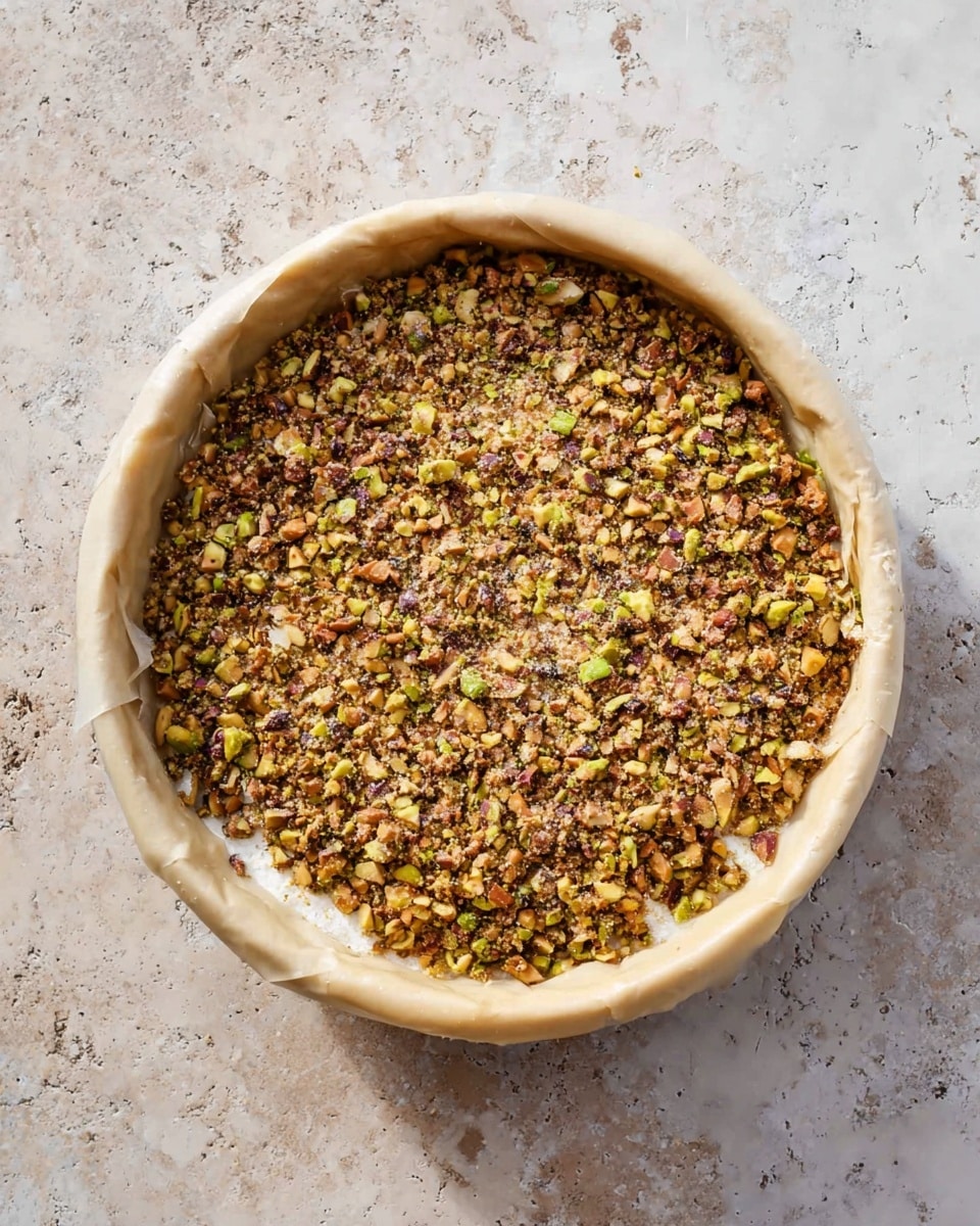 A round white bowl holds a layered dish with a base of thin, light beige sheets folded up around the edges, forming a crust. Inside, a thick layer of coarsely chopped nuts, mostly brown and green, covers the entire surface evenly. The nuts have a rough, crunchy texture, and the bowl sits on a white marbled textured surface. photo taken with an iphone --ar 4:5 --v 7