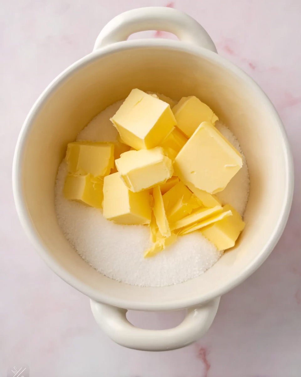Inside a white ceramic bowl with two small handles, there are several pieces of yellow butter and a layer of white granulated sugar at the bottom. The butter pieces vary in size and shape, some cubed and some in small sticks scattered on top of the sugar. The bowl is placed on a white marbled surface which adds a clean and simple background to the scene. Photo taken with an iphone --ar 4:5 --v 7
