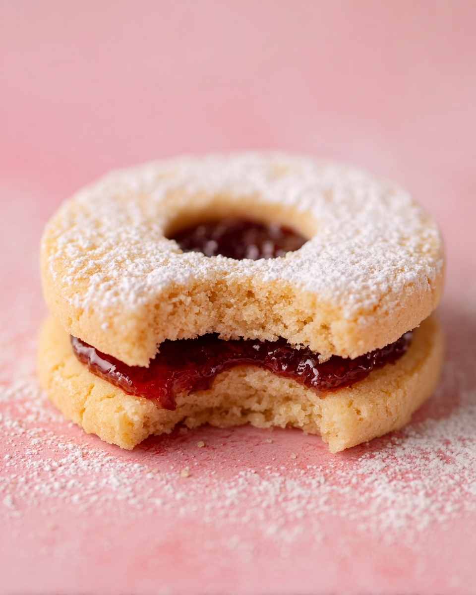 A round sandwich cookie with two light golden layers dusted with white powdered sugar on top. The top layer has a small circular hole in the center showing dark red jam inside. The cookie is on a pink surface, and one side has a bite taken out, revealing the jam and soft crumbly texture of the cookie layers stacked together. Photo taken with an iphone --ar 4:5 --v 7