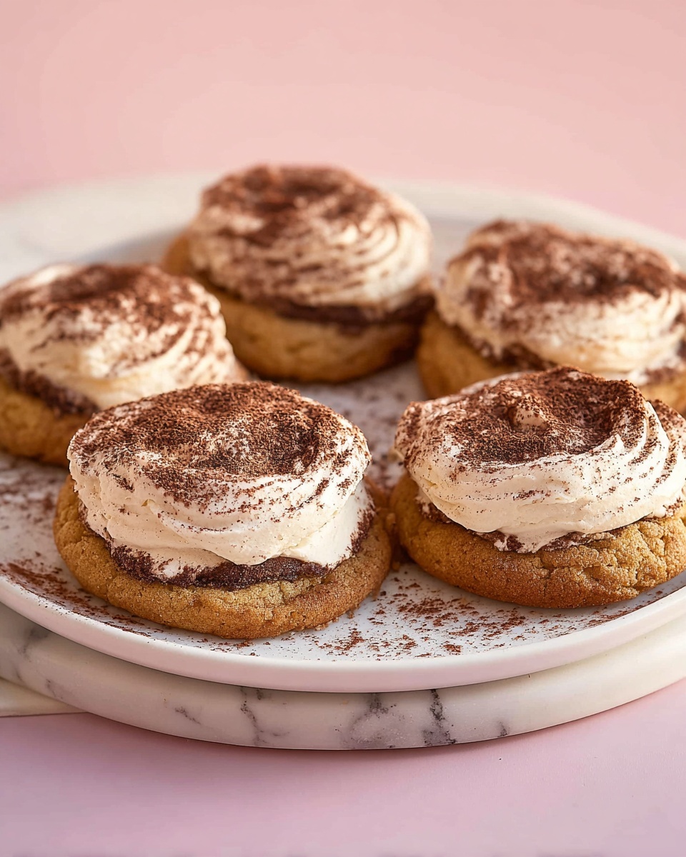 A soft, thick cookie with a light brown color and a slightly cracked texture is topped with a generous layer of creamy white frosting that looks fluffy and smooth. The frosting is sprinkled evenly with dark brown cocoa powder. The cookie has a bite taken out of it, revealing a melted, dark chocolate filling inside that looks rich and glossy. The cookie rests on a smooth pink surface. photo taken with an iphone --ar 4:5 --v 7