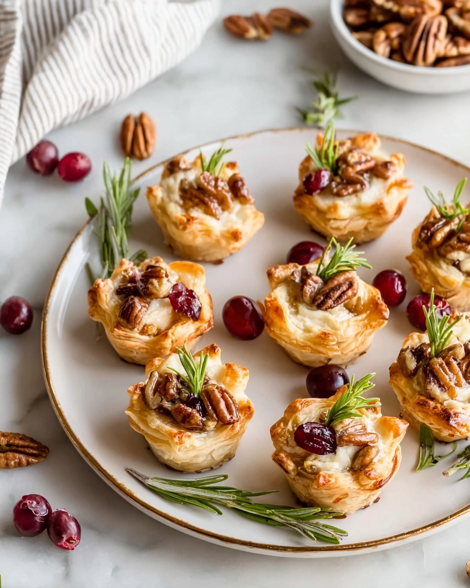 A white plate with a gold trim holds twelve small puff pastry cups, each with a golden-brown flaky crust forming a cup shape. Inside each cup is a creamy white layer topped with small pieces of brown pecans and a few bits of red cranberries. Each pastry is garnished with a small green sprig of rosemary, giving a fresh, natural look. The plate sits on a white marbled surface scattered with a few whole pecans, cranberries, and rosemary sprigs, with a white striped cloth folded nearby and a bowl of extra pecans in the upper corner. photo taken with an iphone --ar 4:5 --v 7