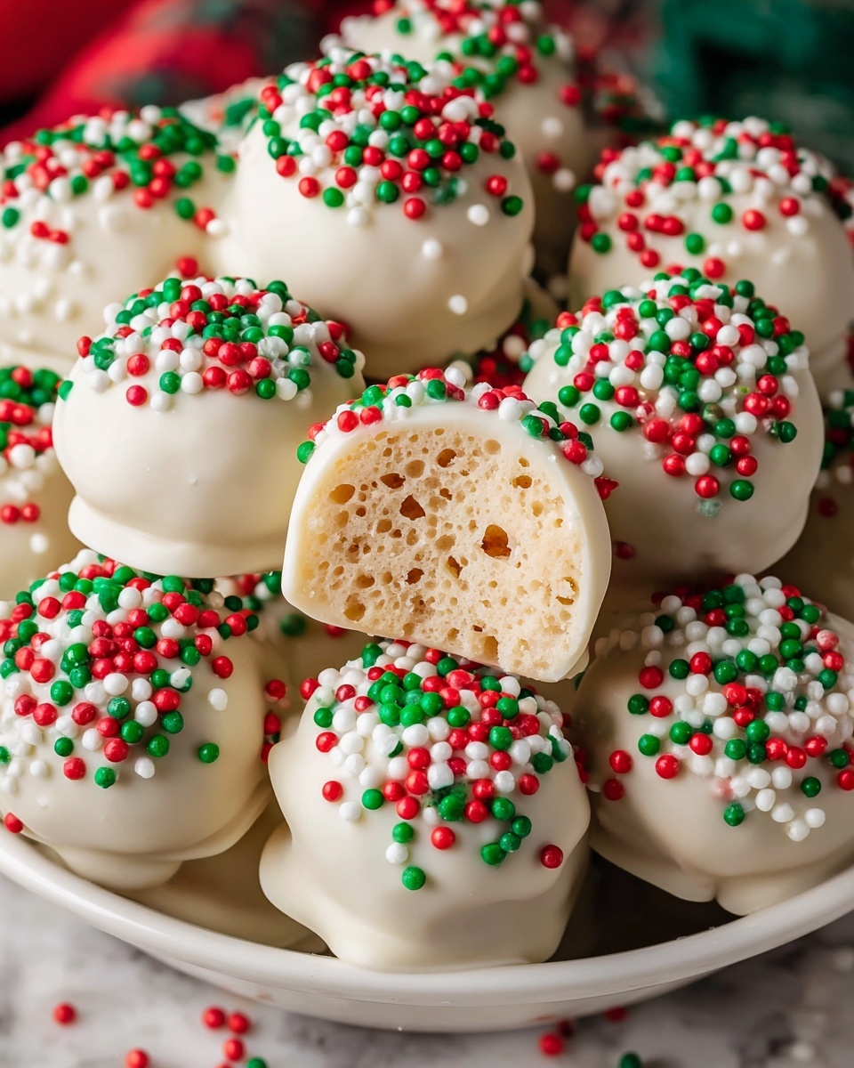 The image shows many round treats covered in smooth white coating, each topped with small round sprinkles in red, green, and white colors. One treat in the center is bitten in half, revealing a light beige, crispy, and airy inside with small holes. The treats are piled together, sitting in a white bowl, all on a white marbled surface. The overall look feels festive and bright, perfect for a holiday setting. photo taken with an iphone --ar 4:5 --v 7