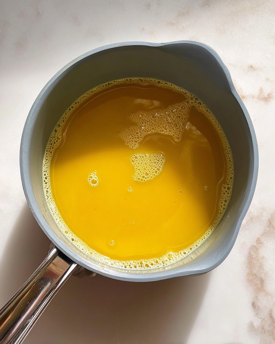 A small gray pot filled with a glossy, golden yellow liquid that looks smooth and slightly thick, with a few small bubbles on the surface. The pot has a metal handle and is placed on a white marbled surface. The light reflects softly on the liquid, showing its warm color clearly. photo taken with an iphone --ar 4:5 --v 7