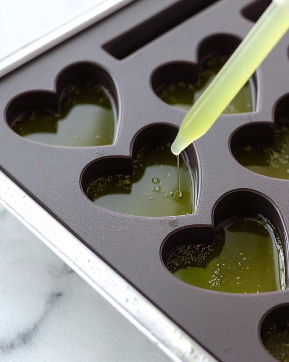A close-up image shows a dark brown silicone mold with heart-shaped cavities being filled with a green liquid using a dropper. The mold lies inside a white metal pan on a white marbled surface. The green liquid inside the cavities has a slightly thick texture and small bubbles on top. The filling is done carefully, with the dropper tip inside one of the heart shapes. Photo taken with an iphone --ar 4:5 --v 7