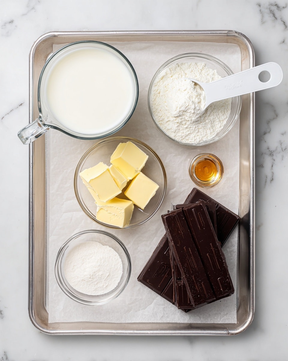 The image shows a metal tray with parchment paper on a white marbled surface. On the tray, there are six items: a clear glass cup filled with white milk at the top left, a white measuring spoon filled with white powder at the top right, a small glass bowl with four light yellow cubes of butter in the center, a small glass bowl filled with white powder at the bottom left, a small glass bowl containing a small amount of amber liquid near the center left, and three stacked dark brown chocolate bars at the bottom right. The items are arranged neatly with space between them. Photo taken with an iphone --ar 4:5 --v 7