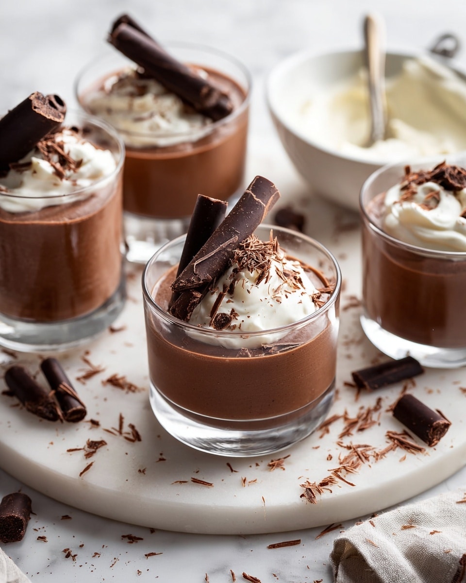 The image shows clear glass cups filled with three layers: a smooth, rich brown chocolate pudding at the bottom, a dollop of white cream on top in the middle, and two large dark brown chocolate curls placed over the cream. The glasses are arranged on a round white marbled surface scattered with small pieces of chocolate shavings and curls. In the background, there is a small white bowl filled with cream and a spoon inside. The setting includes additional chocolate curls placed casually around the tray and on the white marbled table. Photo taken with an iphone --ar 4:5 --v 7