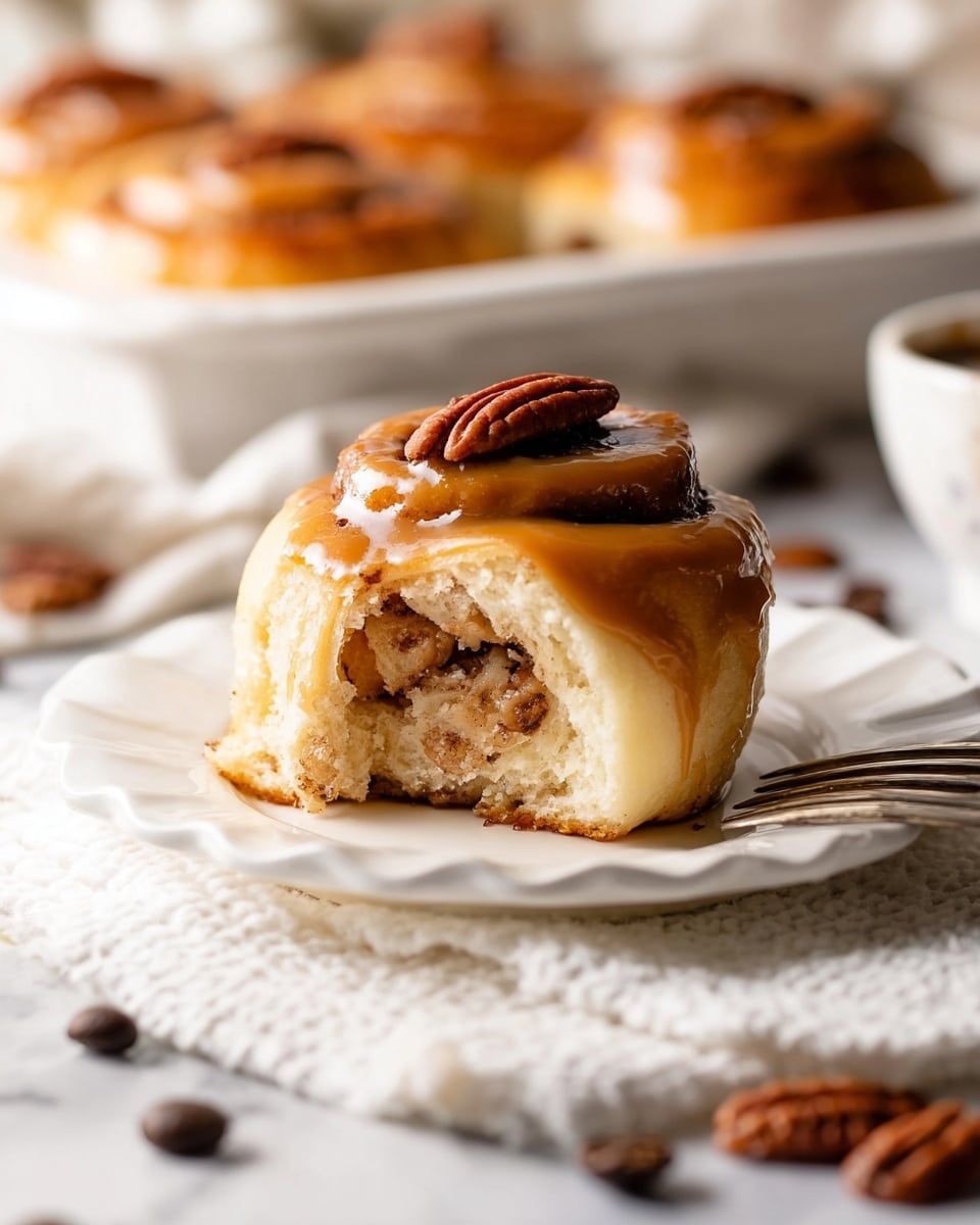 The image shows a cinnamon roll on a white plate with scalloped edges, placed on a white textured cloth over a white marbled surface. The cinnamon roll has two visible layers: the base is a soft, fluffy, light golden brown dough swirled with a cinnamon filling inside, and the top is covered with a smooth, shiny caramel-colored frosting. A single pecan sits on top of the frosting. In the background, there are more cinnamon rolls blurred on a white tray. Coffee beans are scattered around on the surface, and a fork lies next to the plate. The lighting is warm and highlights the soft texture of the roll and the glossy frosting. photo taken with an iphone --ar 4:5 --v 7