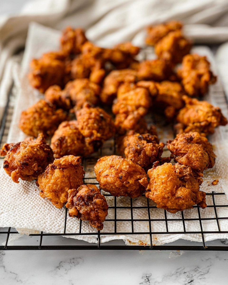 The image shows many small pieces of fried food with a crunchy, brown outer layer arranged on a black metal wire rack. The pieces are uneven in shape and have a textured, rough surface with darker brown and golden spots. The rack is lined with white paper towels that absorb oil. The whole setup is placed on a white marbled surface. The background is softly blurred to focus on the fried pieces. photo taken with an iphone --ar 4:5 --v 7