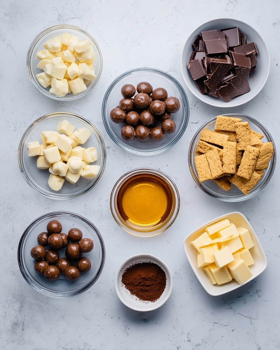 The image shows eight small bowls arranged on a white marbled surface, each containing different ingredients. Starting from the top left, there is a clear glass bowl with white chocolate pieces, next to it on the right is a white bowl filled with broken dark chocolate squares. To the right again is a clear glass bowl filled with rectangular golden cookies. Below the chocolate pieces is another clear glass bowl containing round, chocolate-covered balls. Below that, in the middle, is a small white bowl with a golden syrup or honey. To the lower left is a clear glass bowl filled with halved chocolate-covered balls showing the inside texture. Next to it, on the right, is a small white bowl with a dark brown powder, likely cocoa. Finally, on the bottom right is a square white bowl with rectangular sliced butter pieces. The overall scene is bright, clear, and neatly organized. Photo taken with an iphone --ar 4:5 --v 7
