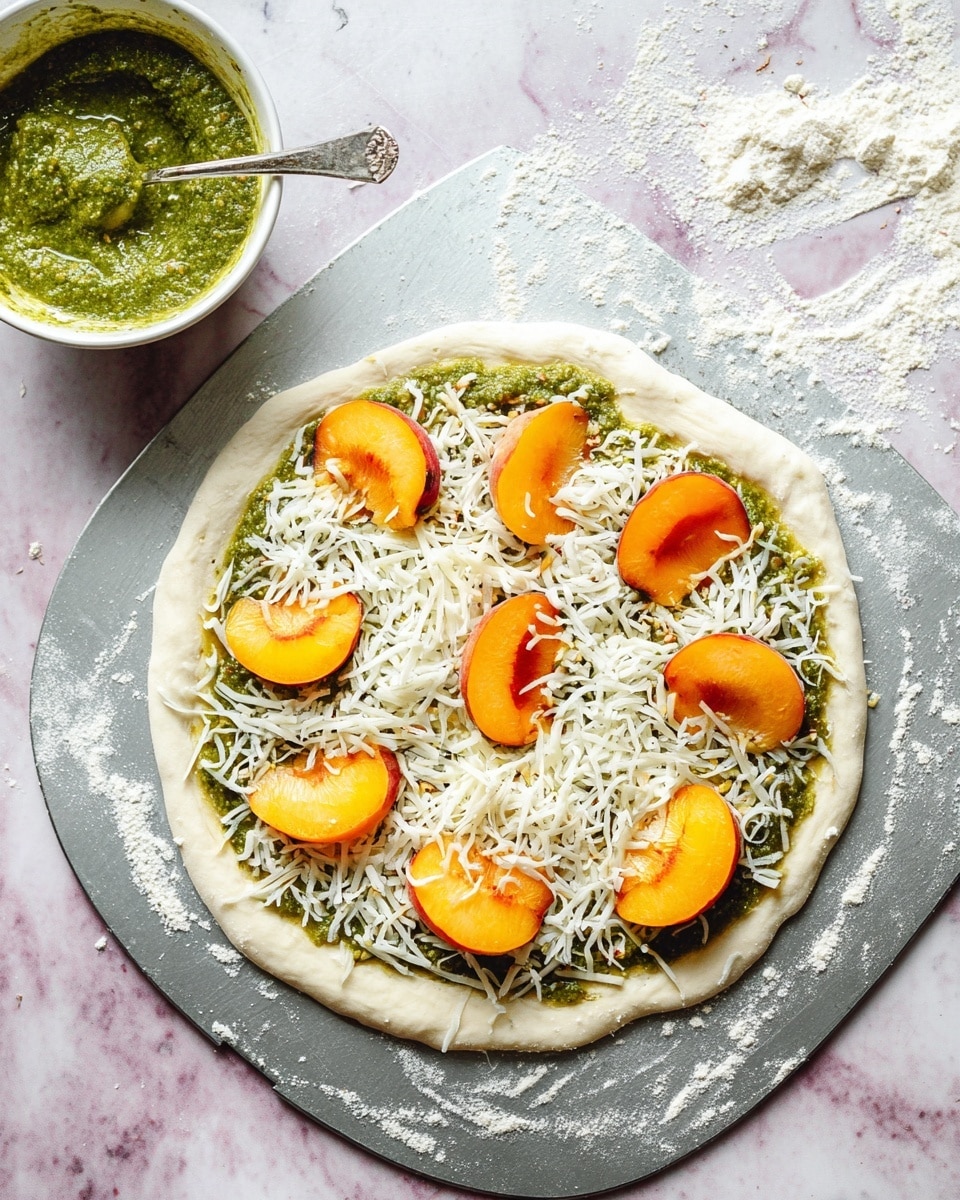 A round pizza dough with a thick white edge is placed on a grey metal pizza peel dusted with flour. The first layer on the dough is a green pesto sauce spread evenly, followed by a layer of shredded white cheese scattered all over. On top, there are nine bright orange peach slices placed symmetrically around the pizza. Next to the pizza, there is a white bowl filled with more green pesto sauce and a spoon inside it. The background is a white marbled surface with some flour scattered around. photo taken with an iphone --ar 4:5 --v 7