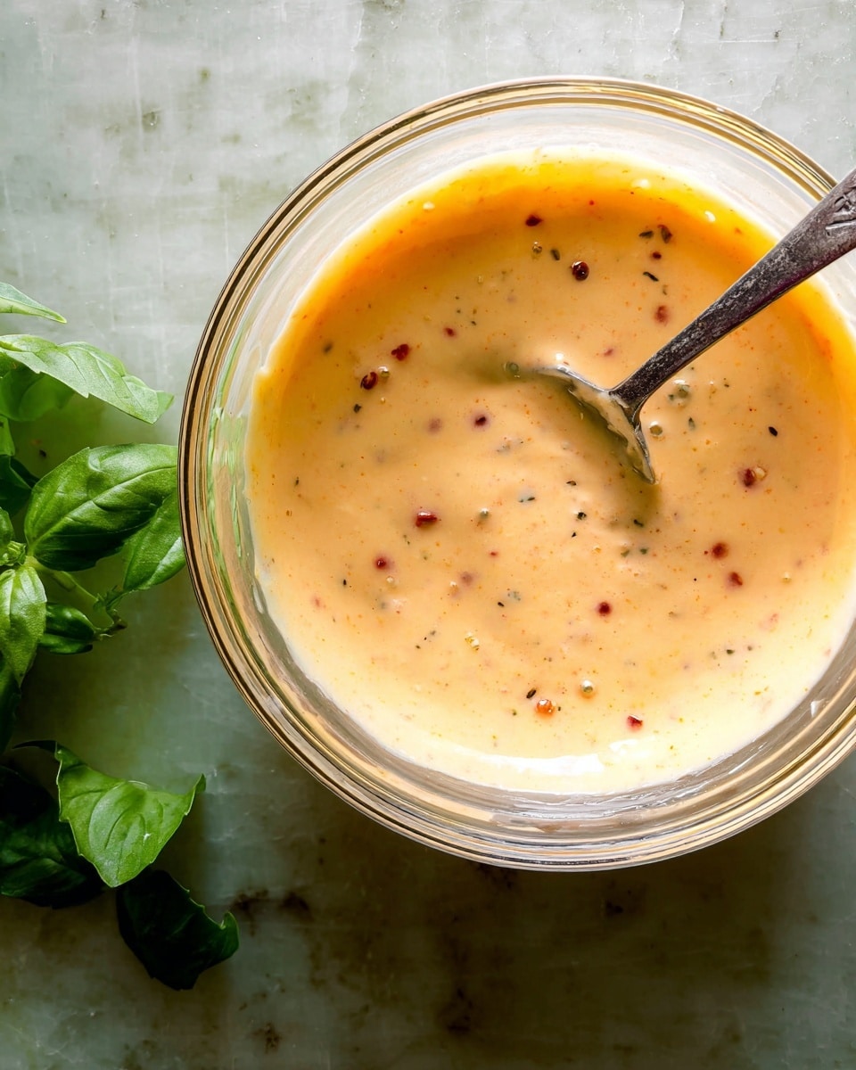 A clear glass bowl holds a thick, creamy sauce that is light orange in color with small dark red and black specks scattered throughout. A silver spoon rests inside the bowl, partially covered by the sauce. The bowl is set on a white marbled surface, and near the bowl there are a few fresh green basil leaves, adding a touch of vibrant green to the scene. The photo is taken from above, showing the smooth texture and thickness of the sauce with a few small bubbles on top. photo taken with an iphone --ar 4:5 --v 7