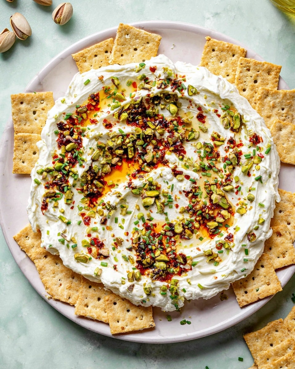 A round white plate holds one main layer of thick, creamy white cheese spread, unevenly textured with soft peaks and swirls. Scattered on top are small green chopped pistachios and finely chopped green chives that add bright spots of color. There are dashes of red chili oil with crushed chili flakes spread sporadically over the cheese, creating a vibrant contrast with its smoothness. Surrounding the cheese on the plate’s edge are light tan square crackers with visible seeds and grains. The plate is placed on a white marbled surface with a few pistachio nuts nearby. photo taken with an iphone --ar 4:5 --v 7